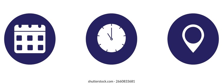Ícone Data, Hora, Endereço definido. Vetor de ícones de evento. Vetor de ícone de data, hora e endereço. Elementos de evento isolados em fundo transparente .EPS 10
