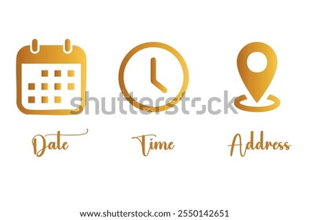 Date, Time, Address Icon Symbol. Black Text. Isolated on White Background.
