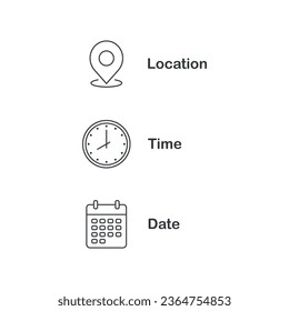 Ilustración vectorial de icono de dirección, fecha, hora. Icono establecido en fondo aislado. Concepto de signo de notificación.