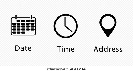 Fecha, hora, conjunto de iconos de Dirección. Ilustración vectorial en pantalla transparente