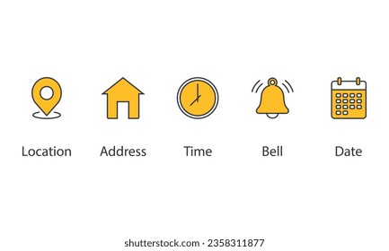 Date, time, address, location, bell icon vector illustration. Icon set on isolated background. Notice sign concept.