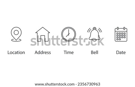 Date, time, address, location, bell icon vector illustration. Icon set on isolated background. Notice sign concept.