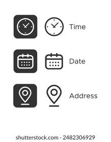 Date, Time, Address Location icon set. Editable outline flat vector. Isolated on gray background stock illustration. stock illustration