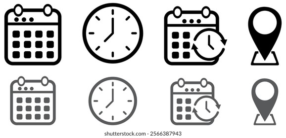 Date, time, address location icon set. calendar, clock and map symbol for event, meeting, wedding, schedule, invitation card design element. transparent vector illustration