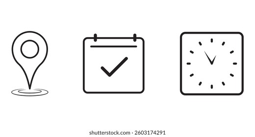 Date, Time, Address Location Icon Set. Flat Vector. Isolated on Background . 