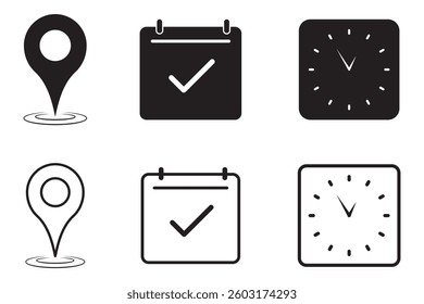 Date, Time, Address Location Icon Set. Flat Vector. Isolated on Background . 