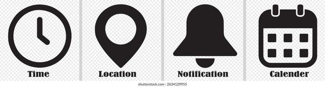 Date, Time, Address location icon set. Notification and Stopwatch timer icon. Editable stroke. Eps 10