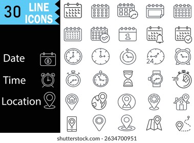 Date, Time, Address Location Icon Set. Clean and minimal line style, perfect for Graphic design, apps, infographics, or web use.