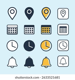 Fecha, hora, Dirección y notificación icono de campana conjunto. calendario de negocios recordatorio reloj signo y símbolos, lugar mapa de puntero evento tiempo Elementos aislados 