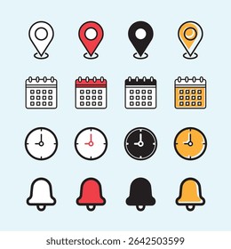 Date, time, address and notification bell icon set. business calendar schedule reminder clock sign and symbols, place pointer map event time elements isolated colorful