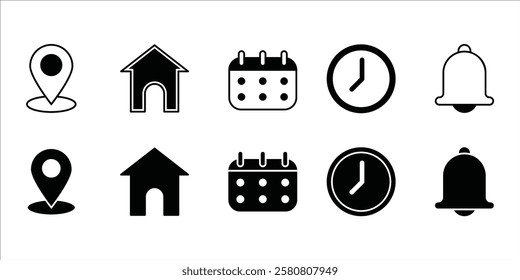 Date, Time, Address, Place, Bell, Location, and Place icons vector in trendy style icon set.