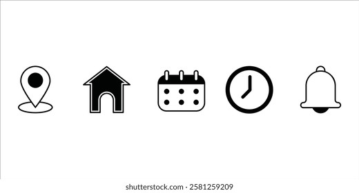 Date, Time, Address, Place, Bell, Location, and Place icons vector in trendy style icon set.