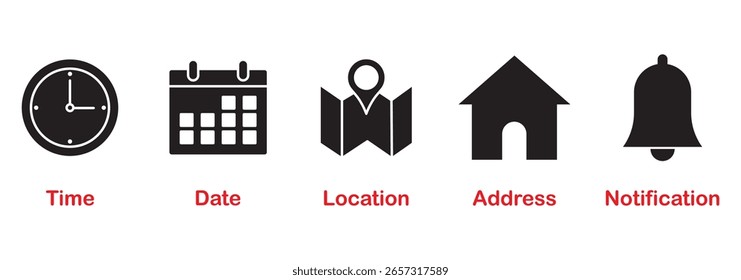 Datum, Uhrzeit, Adresse, Ort, Glocke, Ort und Ort Symbole im trendigen Stil