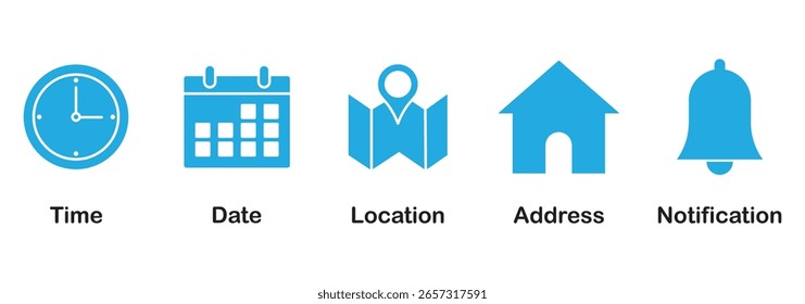 Date, Time, Address, Place, Bell, Location, and Place icons vector in trendy style