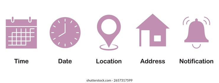 Fecha, hora, Dirección, lugar, campana, Locación y lugar iconos Vector en estilo de moda