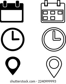 Fecha, hora, dirección o lugar Iconos Símbolo conjunto vector sobre fondo blanco..eps
