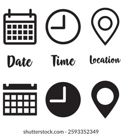 Date, Time, Address or Place Icons Eps10 on white background