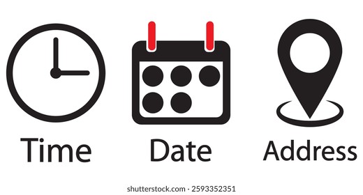 Date, Time, Address or Place Icons Eps10 on white background