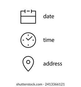 Date, Time, Address or Place Location, hour line icons set, editable stroke isolated on white, linear vector outline illustration, symbol logo design style