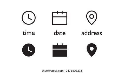 Date, Time, Address or Place Location, hour line icons set, editable stroke isolated on white, linear vector outline illustration, symbol logo design style