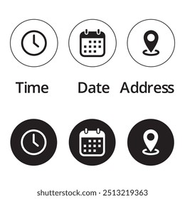 Fecha, hora, Dirección o lugar de Locación, iconos de línea de hora establecidos. Eps 10