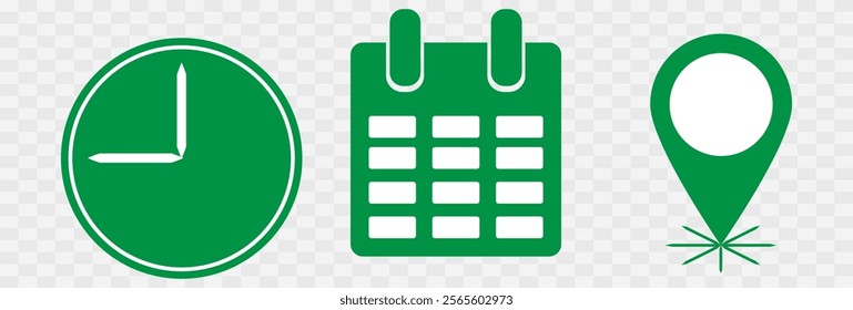 Date, Time, Address or Place Location, hour line icons set, editable stroke isolated on white, linear vector outline illustration, symbol logo design style, pin map location, and calendar sign symbol 