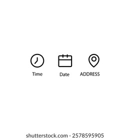 Date, Time, Address or Place Location, hour line icons set, editable stroke isolated on white, linear vector outline illustration, symbol logo design style