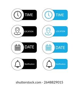 Date, Time, Address or Place Location, hour line icons set, editable stroke isolated on white, linear vector outline illustration, symbol logo design style

