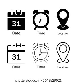 Fecha, hora, Dirección o Locación de lugar, conjunto de iconos de línea de hora, trazo editable aislado en blanco, ilustración de contorno de Vector lineal, estilo de diseño de logotipo de símbolo

