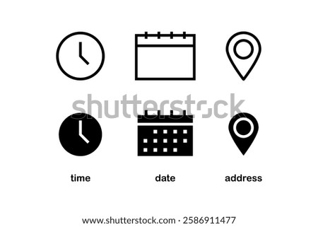 Date, Time, Address or Place Location, editable stroke isolated on white, linear vector illustration