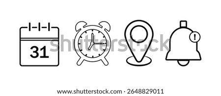 Date, Time, Address or Place Location, hour line icons set, editable stroke isolated on white, linear vector outline illustration, symbol logo design style

