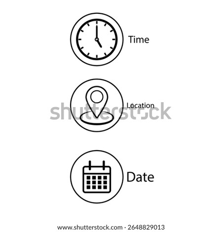 Date, Time, Address or Place Location, hour line icons set, editable stroke isolated on white, linear vector outline illustration, symbol logo design style

