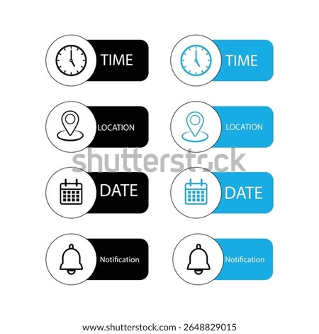 Date, Time, Address or Place Location, hour line icons set, editable stroke isolated on white, linear vector outline illustration, symbol logo design style


