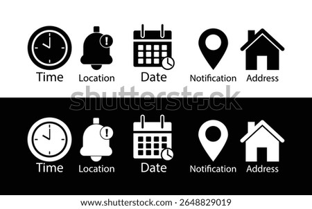 Date, Time, Address or Place Location, hour line icons set, editable stroke isolated on white, linear vector outline illustration, symbol logo design style

