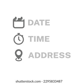 Conjunto de iconos de vector de fecha, hora y dirección. Contáctenos con los iconos glifos.