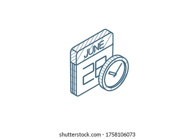 date and time, calendar and clock isometric icon. 3d vector illustration. Isolated line art technical drawing. Editable stroke