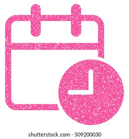 Date Time Calendar Leaf grainy textured icon for overlay watermark stamps. Flat symbol with unclean texture. Dotted vector pink ink rubber seal stamp with grunge design on a white background.