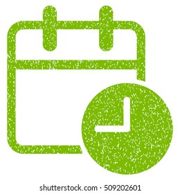 Date Time Calendar Leaf grainy textured icon for overlay watermark stamps. Flat symbol with dirty texture. Dotted vector eco green ink rubber seal stamp with grunge design on a white background.