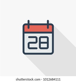 date and time, calendar thin line flat color icon. Linear vector illustration. Pictogram isolated on white background. Colorful long shadow design.