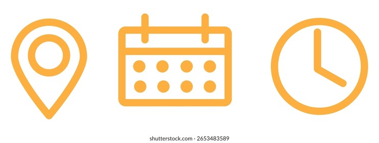Fecha, hora, reloj, calendario, lugar, Dirección, año icono Vector conjunto 