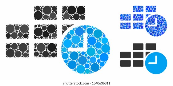 Date time composition of circle elements in variable sizes and color hues, based on date time icon. Vector circle elements are united into blue composition.