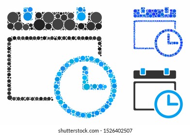 Date and time composition for date and time icon of circle elements in various sizes and color tinges. Vector circle elements are combined into blue mosaic.