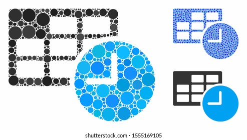 Date and time composition of round dots in variable sizes and color hues, based on date and time icon. Vector round dots are united into blue composition.