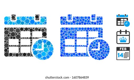 Date and time composition of round dots in different sizes and color tints, based on date and time icon. Vector round dots are composed into blue composition.
