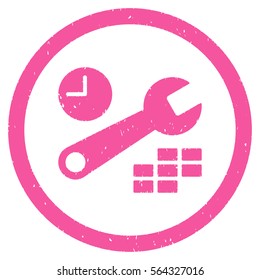 Date and Time Configuration grainy textured icon inside circle for overlay watermark stamps. Flat symbol with dust texture.