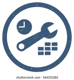 Date and Time Configuration grainy textured icon inside circle for overlay watermark stamps. Flat symbol with scratched texture.