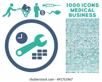 Date and Time Configuration icon with 1000 medical commercial cobalt and cyan vector pictographs. Collection style is flat bicolor symbols, white background.