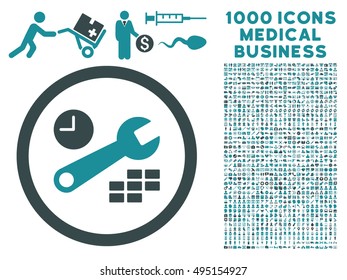 Date and Time Configuration icon with 1000 medical commerce soft blue vector design elements. Collection style is flat bicolor symbols, white background.