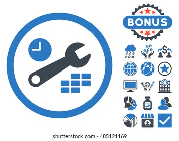 Date and Time Configuration icon with bonus images. Vector illustration style is flat iconic bicolor symbols, smooth blue colors, white background.