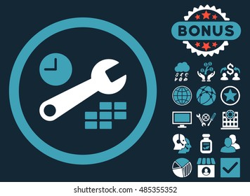 Date and Time Configuration icon with bonus images. Vector illustration style is flat iconic bicolor symbols, blue and white colors, dark blue background.